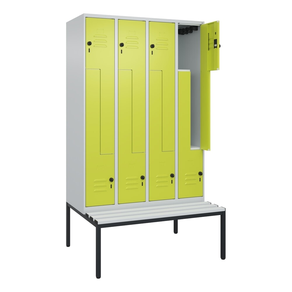 C+P Z-Spind Classic PLUS, 8 Abteile, HxBxT 2.120 x 1.200 x 815 mm, für Vorhängeschloss, untergebaute Bank aus Kunststoff, lichtgrau, clowngrün
