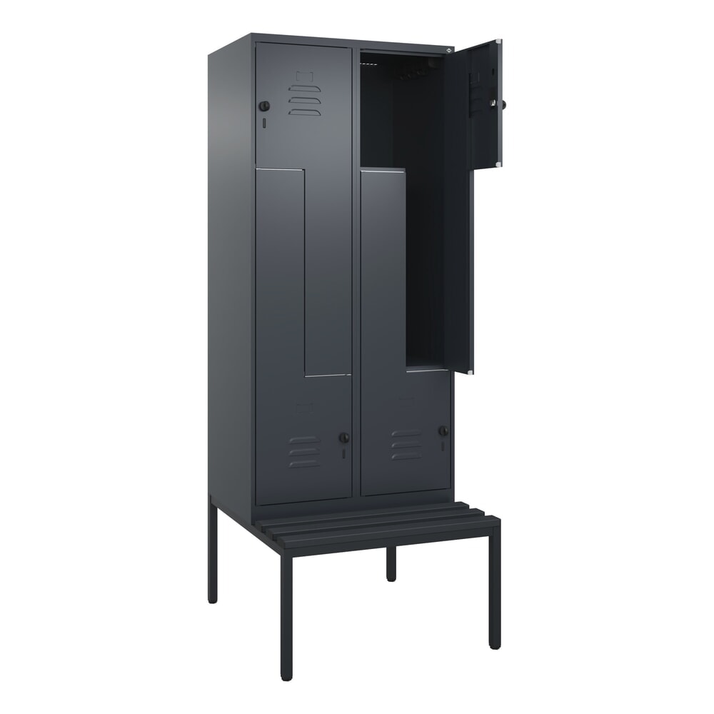 C+P Z-Spind Classic PLUS, 4 Abteile, HxBxT 2.120 x 800 x 815 mm, für Vorhängeschloss, untergebaute Bank aus Kunststoff, anthrazitgrau, anthrazitgrau