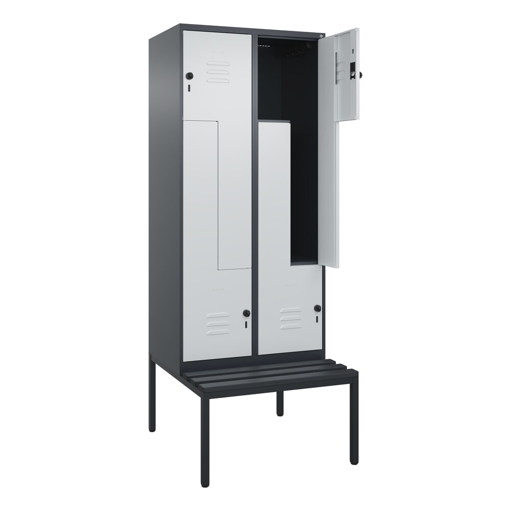 C+P Z-Spind Classic PLUS, 4 Abteile, HxBxT 2.120 x 800 x 815 mm, für Vorhängeschloss, untergebaute Bank aus Kunststoff, anthrazitgrau, lichtgrau