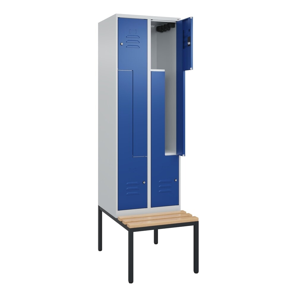 C+P Z-Spind Classic PLUS, 4 Abteile, HxBxT 2.120 x 600 x 815 mm, Zylinderschloss, untergebaute Bank aus Buche, lichtgrau, enzianblau