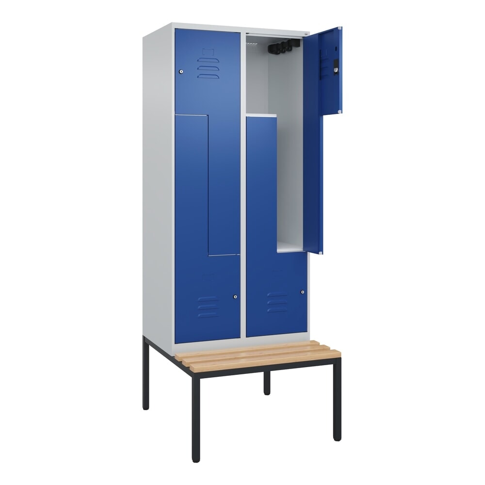 C+P Z-Spind Classic PLUS, 4 Abteile, HxBxT 2.120 x 800 x 815 mm, Zylinderschloss, untergebaute Bank aus Buche, lichtgrau, enzianblau