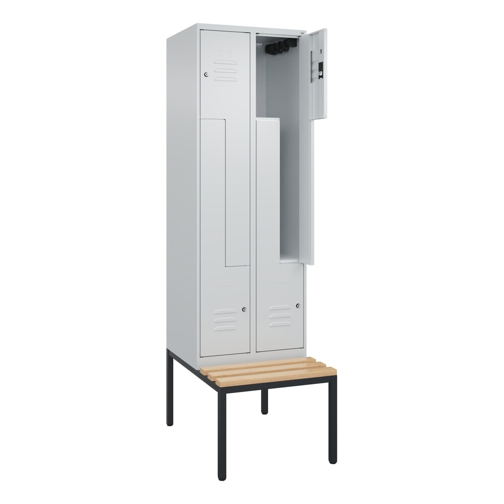 C+P Z-Spind Classic PLUS, 4 Abteile, HxBxT 2.120 x 600 x 815 mm, Zylinderschloss, untergebaute Bank aus Buche, lichtgrau, lichtgrau