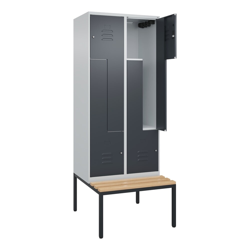 C+P Z-Spind Classic PLUS, 4 Abteile, HxBxT 2.120 x 800 x 815 mm, Zylinderschloss, untergebaute Bank aus Buche, lichtgrau, anthrazitgrau