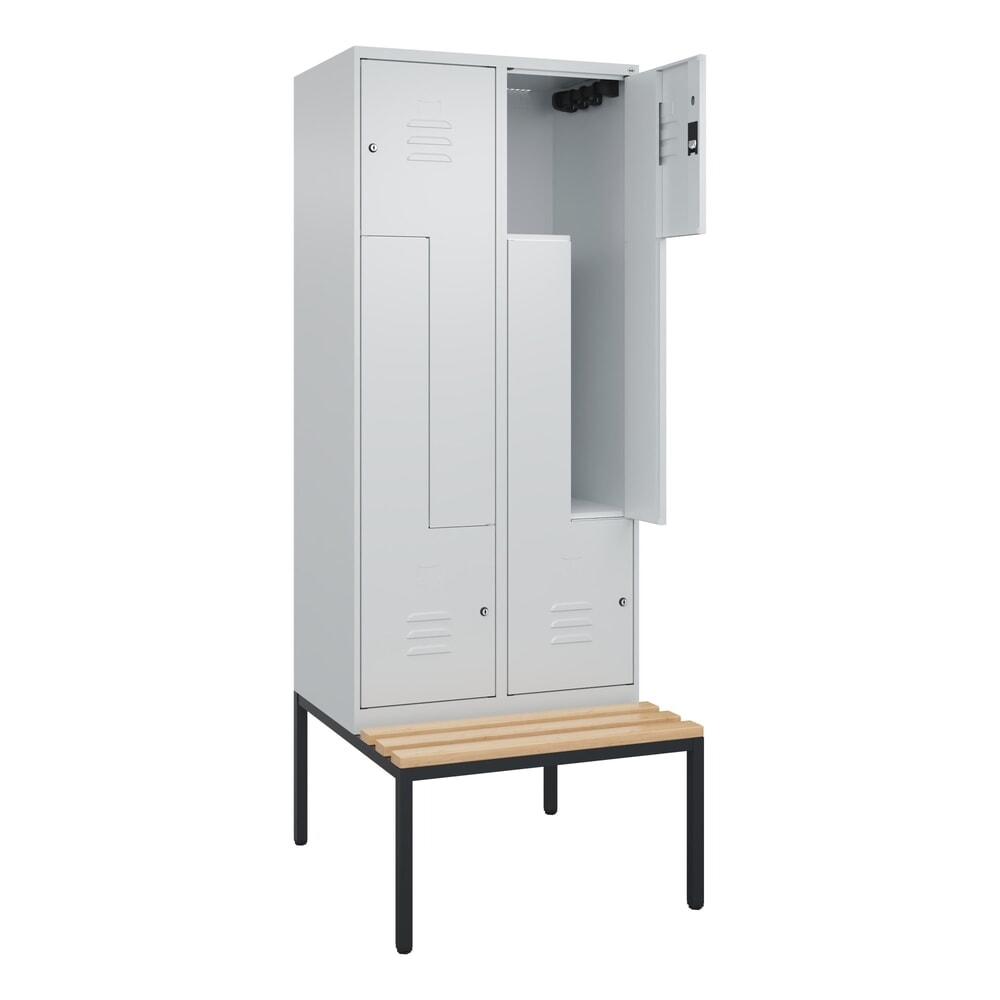 C+P Z-Spind Classic PLUS, 4 Abteile, HxBxT 2.120 x 800 x 815 mm, Zylinderschloss, untergebaute Bank aus Buche, lichtgrau, lichtgrau