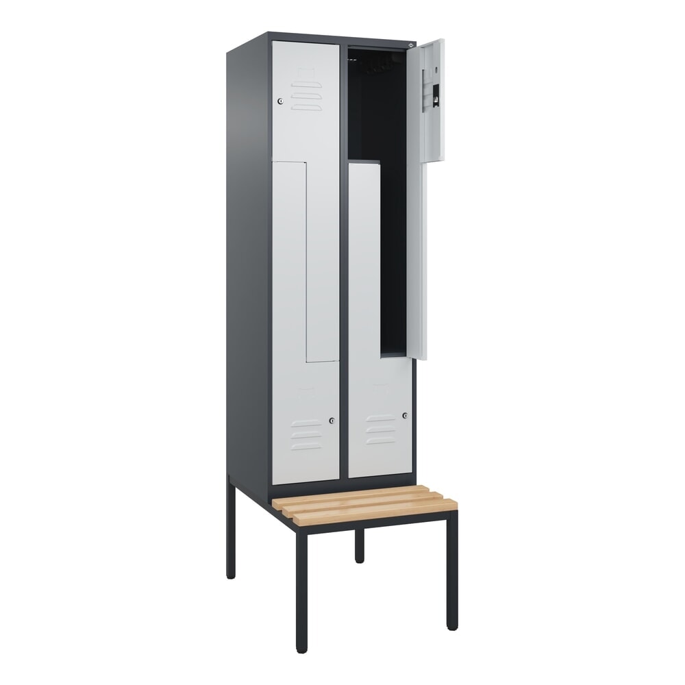 C+P Z-Spind Classic PLUS, 4 Abteile, HxBxT 2.120 x 600 x 815 mm, Zylinderschloss, untergebaute Bank aus Buche, anthrazitgrau, lichtgrau