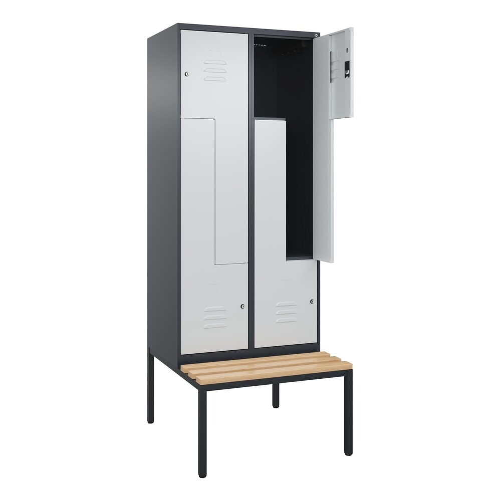 C+P Z-Spind Classic PLUS, 4 Abteile, HxBxT 2.120 x 800 x 815 mm, Zylinderschloss, untergebaute Bank aus Buche, anthrazitgrau, lichtgrau