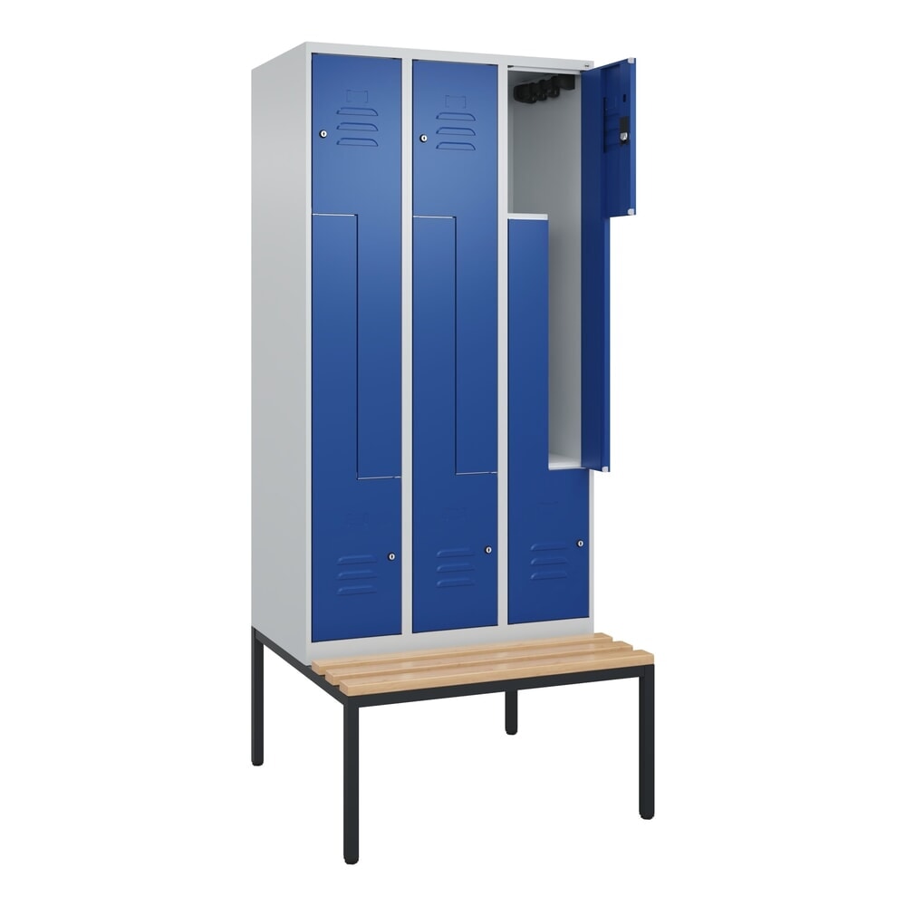 C+P Z-Spind Classic PLUS, 6 Abteile, HxBxT 2.120 x 900 x 815 mm, Zylinderschloss, untergebaute Bank aus Buche, lichtgrau, enzianblau