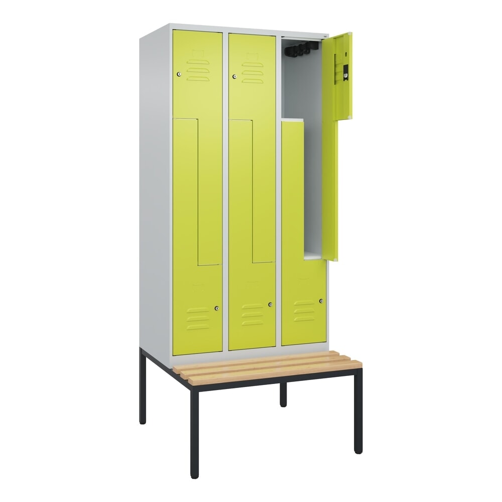 C+P Z-Spind Classic PLUS, 6 Abteile, HxBxT 2.120 x 900 x 815 mm, Zylinderschloss, untergebaute Bank aus Buche, lichtgrau, clowngrün
