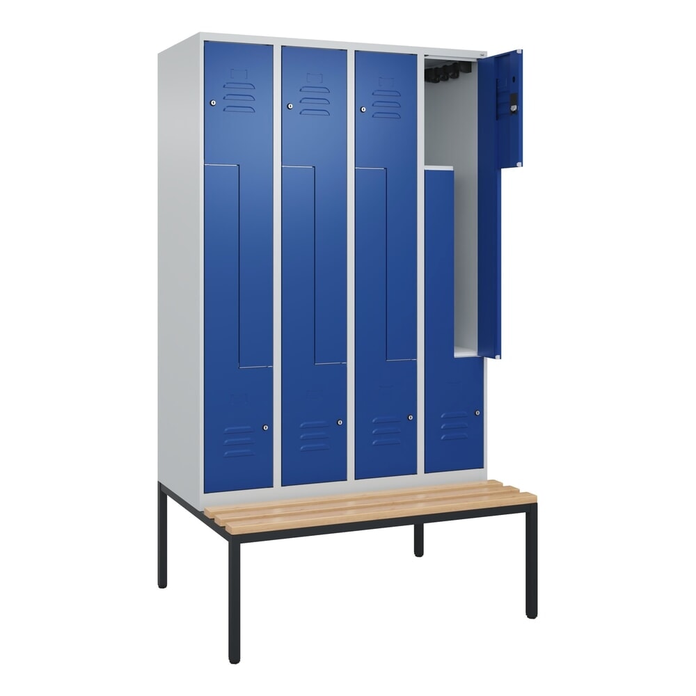 C+P Z-Spind Classic PLUS, 8 Abteile, HxBxT 2.120 x 1.200 x 815 mm, Zylinderschloss, untergebaute Bank aus Buche, lichtgrau, enzianblau