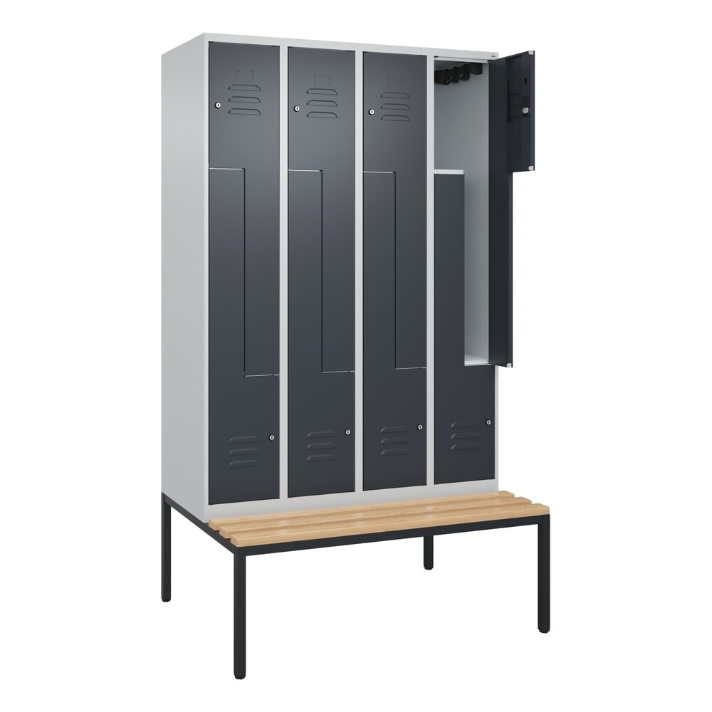 C+P Z-Spind Classic PLUS, 8 Abteile, HxBxT 2.120 x 1.200 x 815 mm, Zylinderschloss, untergebaute Bank aus Buche, lichtgrau, anthrazitgrau