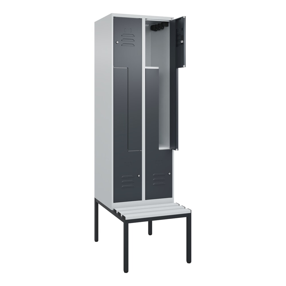 C+P Z-Spind Classic PLUS, 4 Abteile, HxBxT 2.120 x 600 x 815 mm, Zylinderschloss, untergebaute Bank aus Kunststoff, lichtgrau, anthrazitgrau