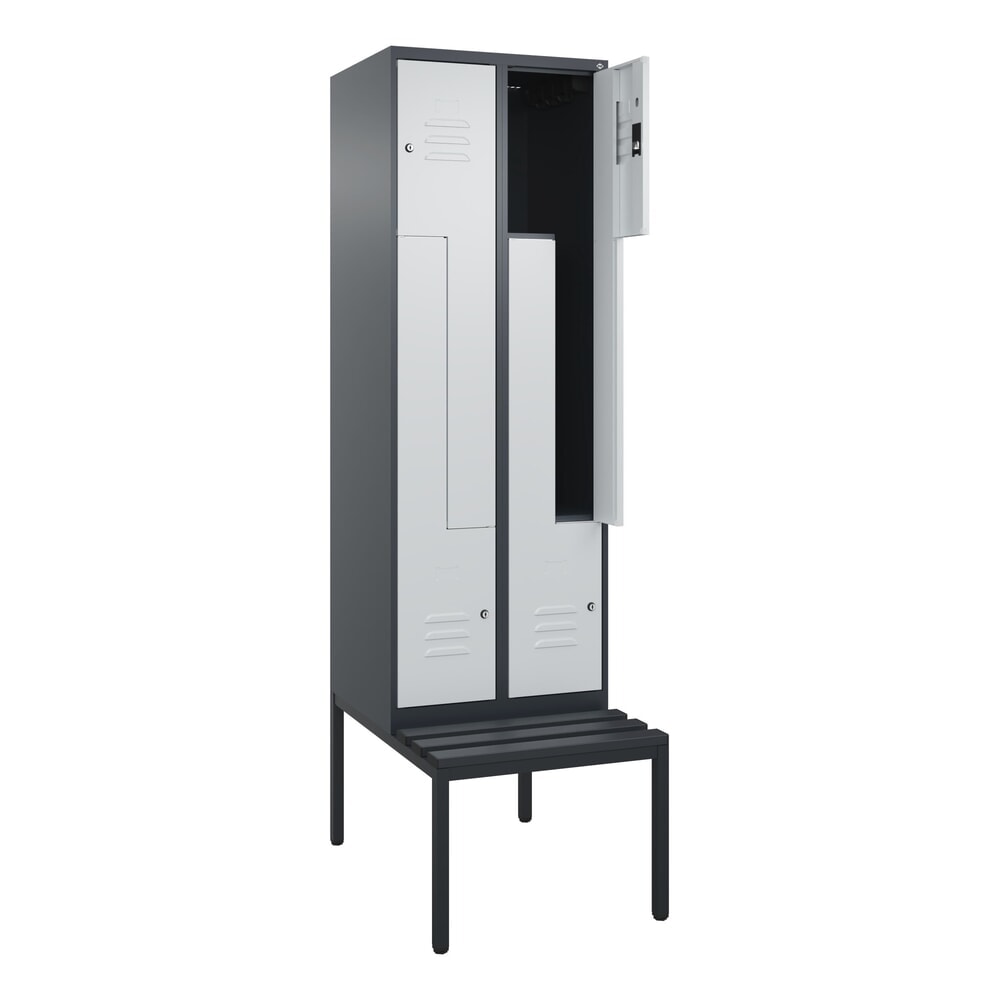 C+P Z-Spind Classic PLUS, 4 Abteile, HxBxT 2.120 x 600 x 815 mm, Zylinderschloss, untergebaute Bank aus Kunststoff, anthrazitgrau, lichtgrau