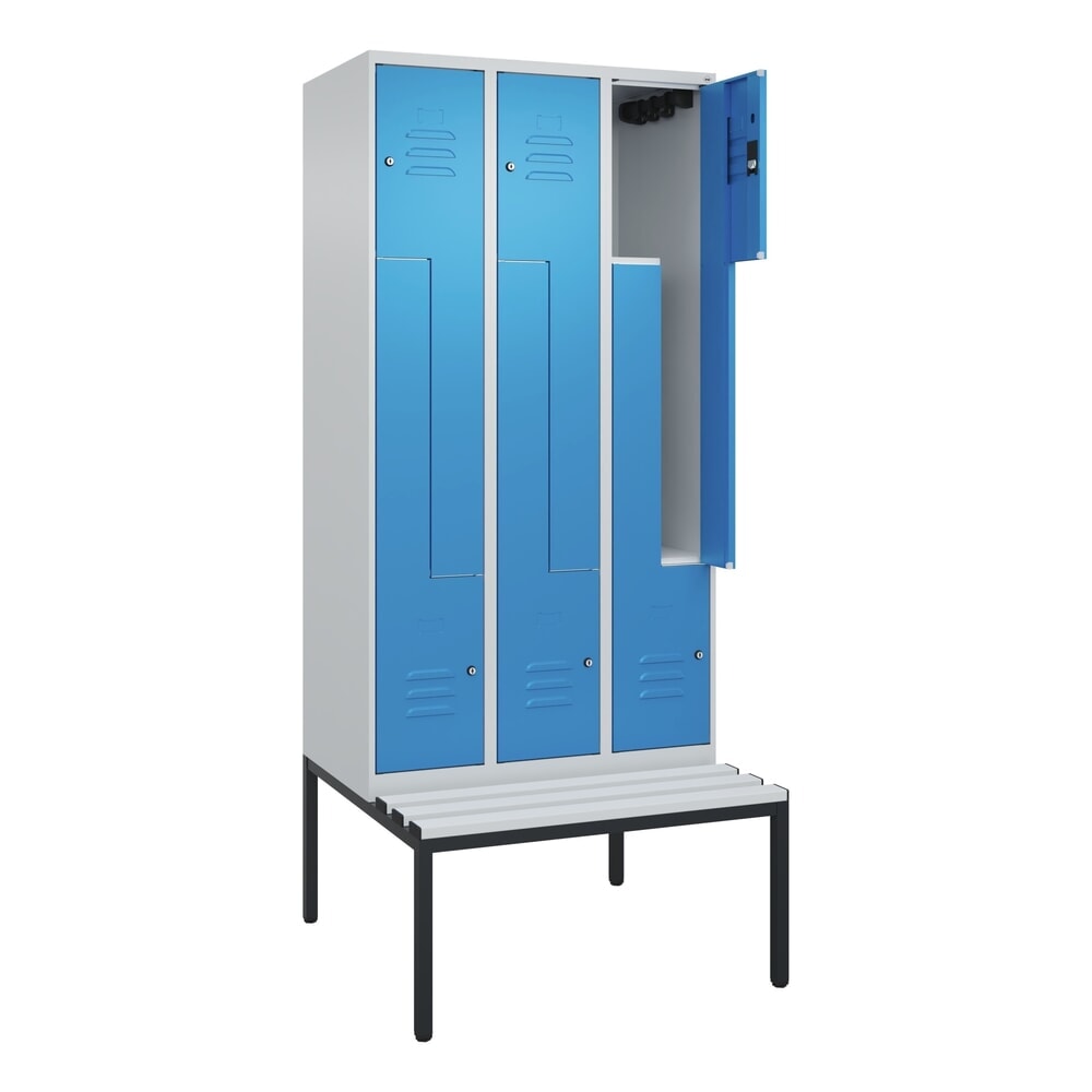 C+P Z-Spind Classic PLUS, 6 Abteile, HxBxT 2.120 x 900 x 815 mm, Zylinderschloss, untergebaute Bank aus Kunststoff, lichtgrau, lichtblau