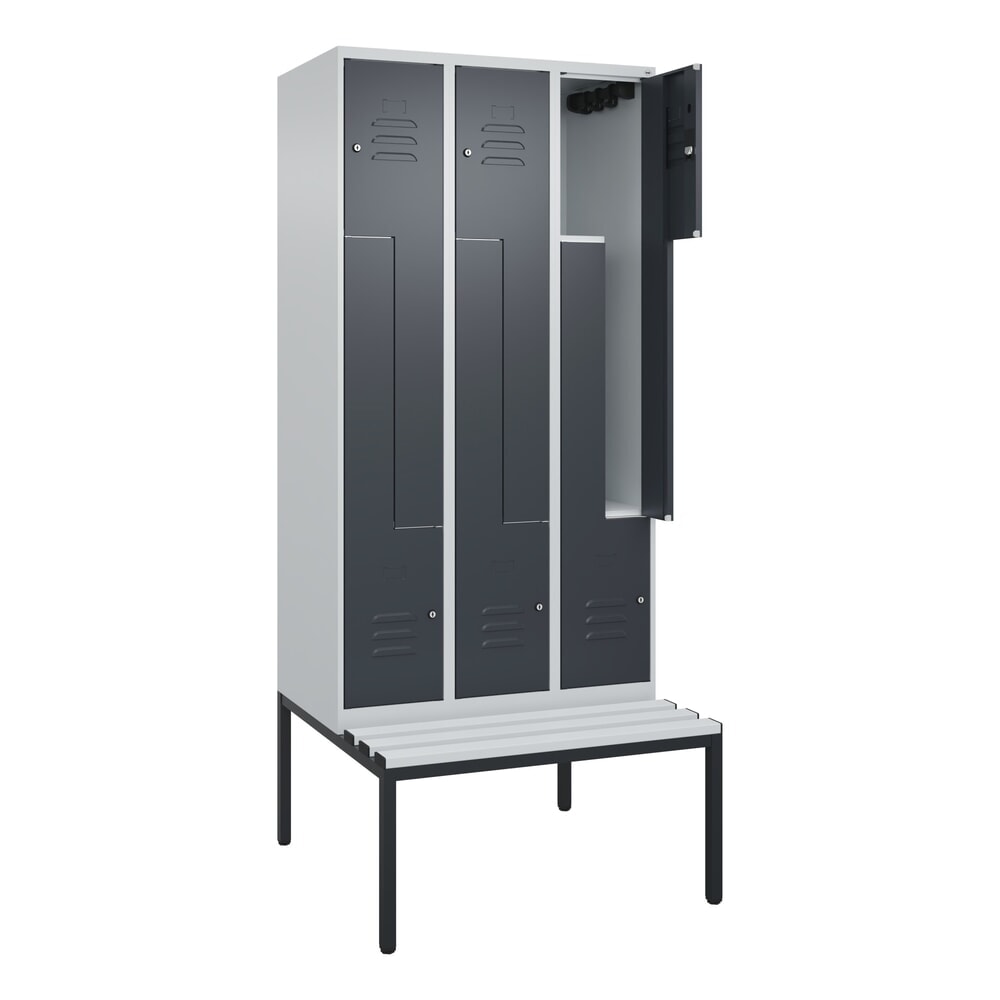 C+P Z-Spind Classic PLUS, 6 Abteile, HxBxT 2.120 x 900 x 815 mm, Zylinderschloss, untergebaute Bank aus Kunststoff, lichtgrau, anthrazitgrau