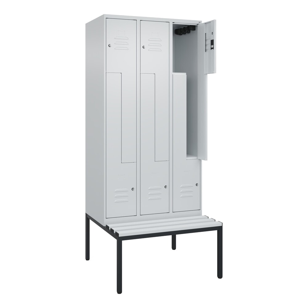 C+P Z-Spind Classic PLUS, 6 Abteile, HxBxT 2.120 x 900 x 815 mm, Zylinderschloss, untergebaute Bank aus Kunststoff, lichtgrau, lichtgrau