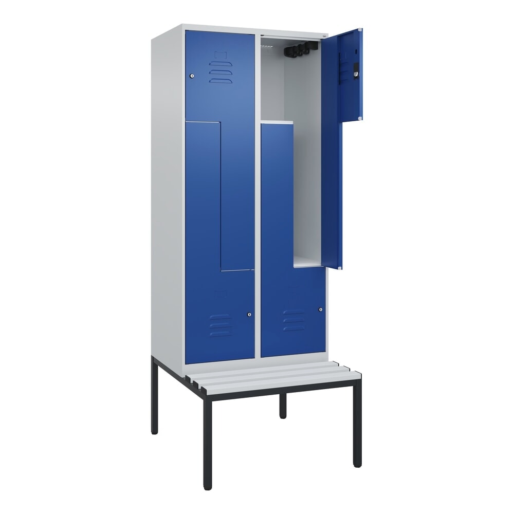 C+P Z-Spind Classic PLUS, 4 Abteile, HxBxT 2.120 x 800 x 815 mm, Zylinderschloss, untergebaute Bank aus Kunststoff, lichtgrau, enzianblau
