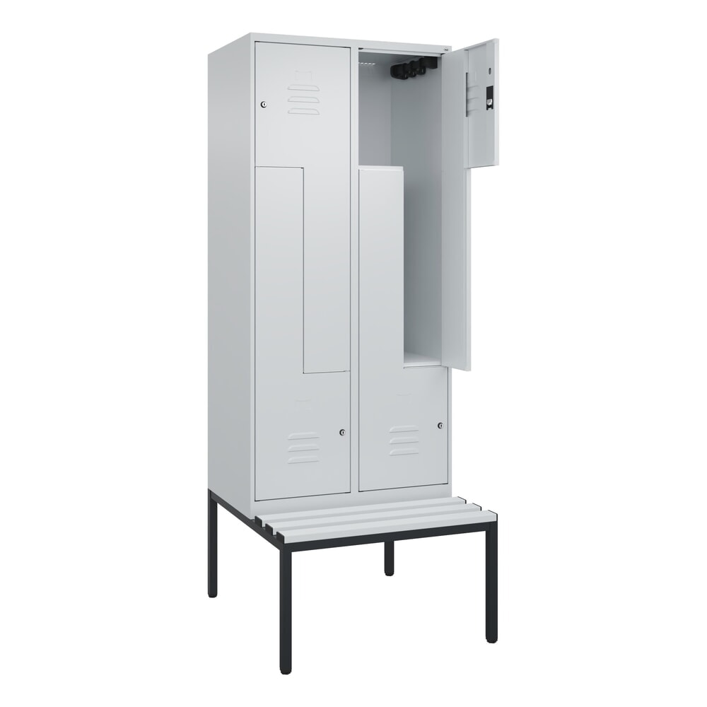 C+P Z-Spind Classic PLUS, 4 Abteile, HxBxT 2.120 x 800 x 815 mm, Zylinderschloss, untergebaute Bank aus Kunststoff, lichtgrau, lichtgrau
