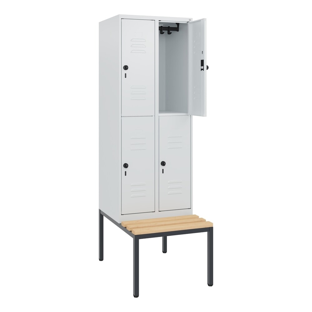 C+P Doppelstock-Spind Classic PLUS, 2 Abteile, HxBxT 1.950 x 600 x 815 mm, für Vorhängeschloss, untergebaute Bank aus Buche, lichtgrau, lichtgrau