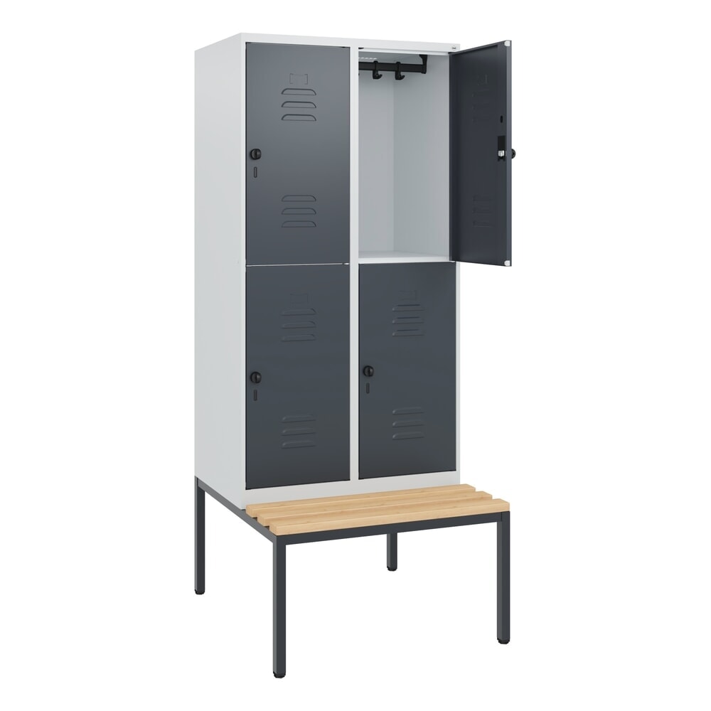 C+P Doppelstock-Spind Classic PLUS, 2 Abteile, HxBxT 1.950 x 800 x 815 mm, für Vorhängeschloss, untergebaute Bank aus Buche, lichtgrau, anthrazitgrau