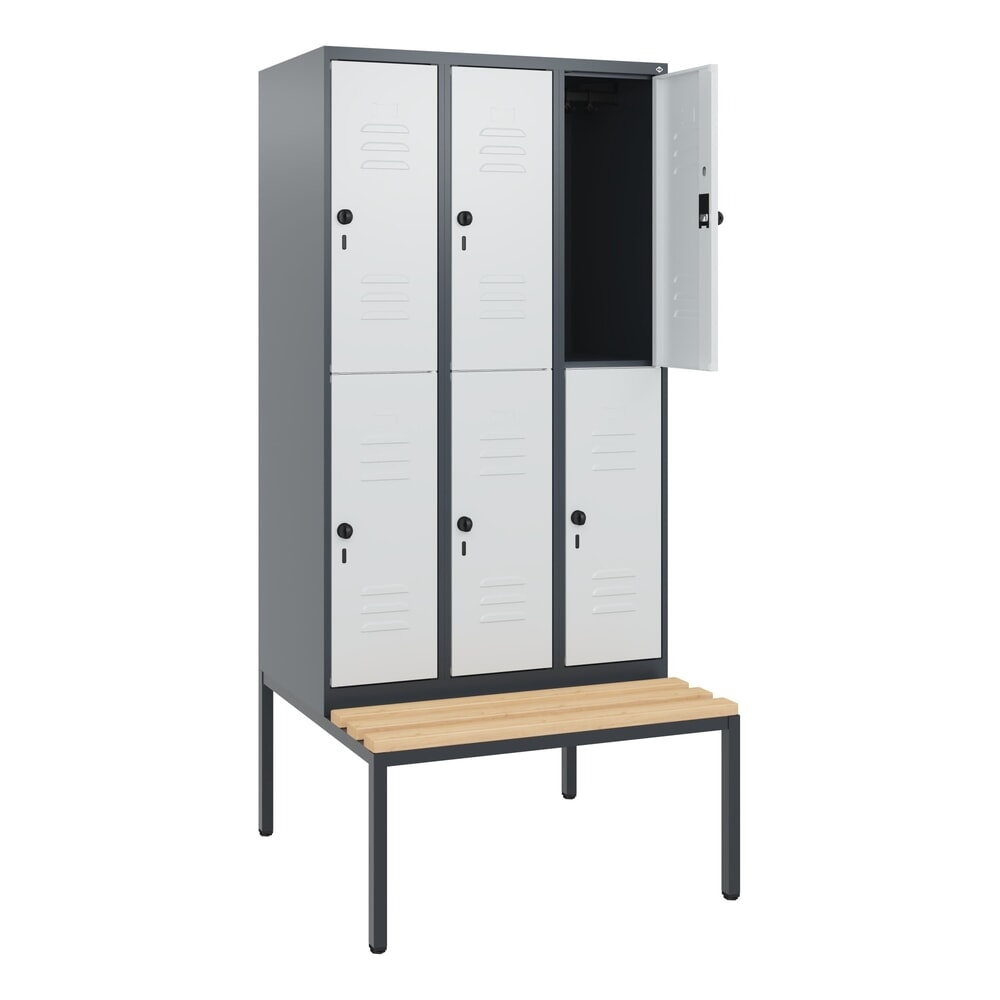 C+P Doppelstock-Spind Classic PLUS, 3 Abteile, HxBxT 1.950 x 900 x 815 mm, für Vorhängeschloss, untergebaute Bank aus Buche, anthrazitgrau, lichtgrau