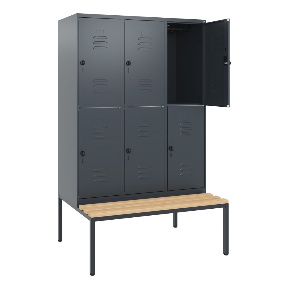 C+P Doppelstock-Spind Classic PLUS, 3 Abteile, HxBxT 1.950 x 1.200 x 815 mm, für Vorhängeschloss, untergebaute Bank aus Buche, anthrazitgrau, anthrazitgrau