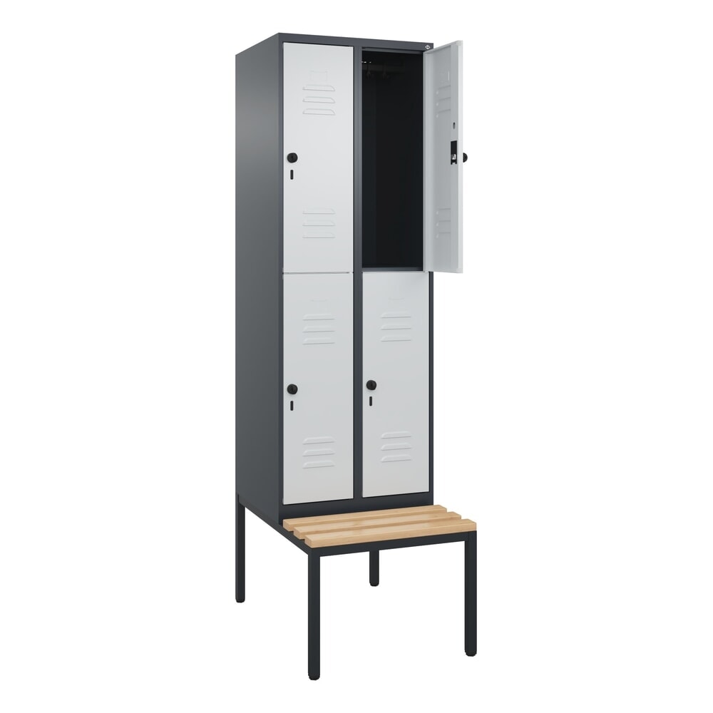 C+P Doppelstock-Spind Classic PLUS, 2 Abteile, HxBxT 2.120 x 600 x 815 mm, für Vorhängeschloss, untergebaute Bank aus Buche, anthrazitgrau, lichtgrau