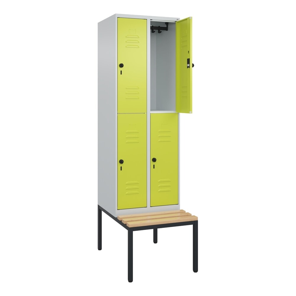 C+P Doppelstock-Spind Classic PLUS, 2 Abteile, HxBxT 2.120 x 600 x 815 mm, für Vorhängeschloss, untergebaute Bank aus Buche, lichtgrau, clowngrün