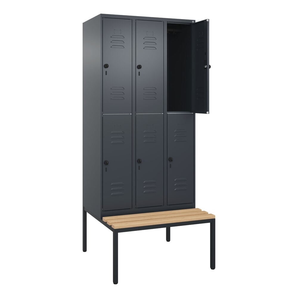 C+P Doppelstock-Spind Classic PLUS, 3 Abteile, HxBxT 2.120 x 900 x 815 mm, für Vorhängeschloss, untergebaute Bank aus Buche, anthrazitgrau, anthrazitgrau
