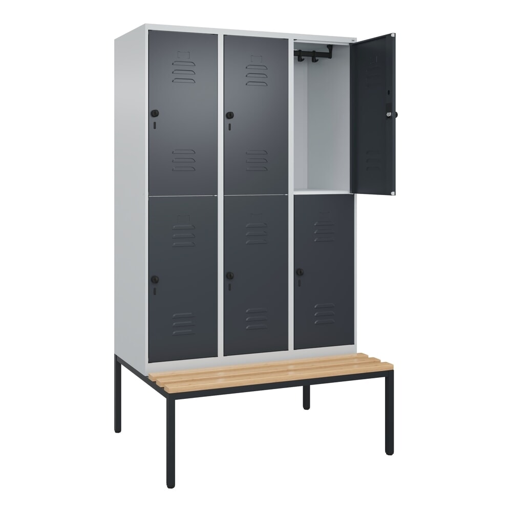 C+P Doppelstock-Spind Classic PLUS, 3 Abteile, HxBxT 2.120 x 1.200 x 815 mm, für Vorhängeschloss, untergebaute Bank aus Buche, lichtgrau, anthrazitgrau
