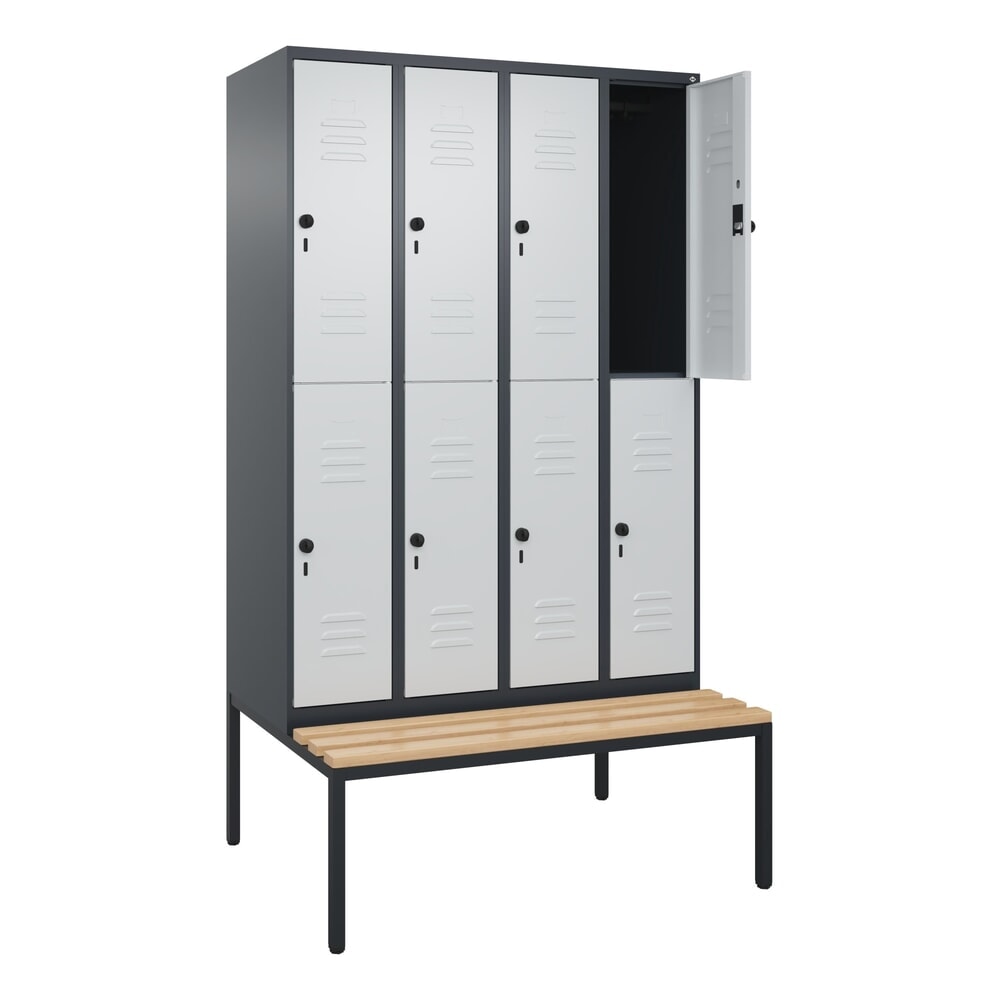 C+P Doppelstock-Spind Classic PLUS, 4 Abteile, HxBxT 2.120 x 1.200 x 815 mm, für Vorhängeschloss, untergebaute Bank aus Buche, anthrazitgrau, lichtgrau