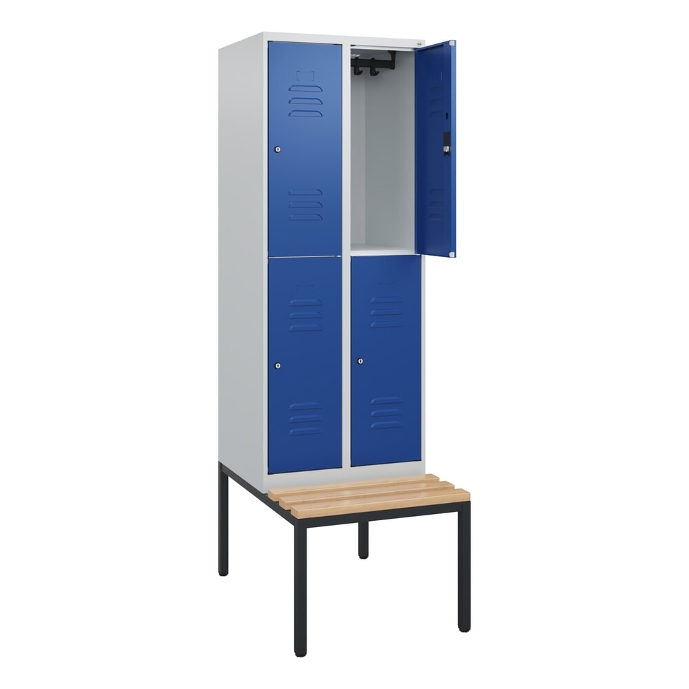 C+P Doppelstock-Spind Classic PLUS, 2 Abteile, HxBxT 1.950 x 600 x 815 mm, Zylinderschloss, untergebaute Bank aus Buche, lichtgrau, enzianblau