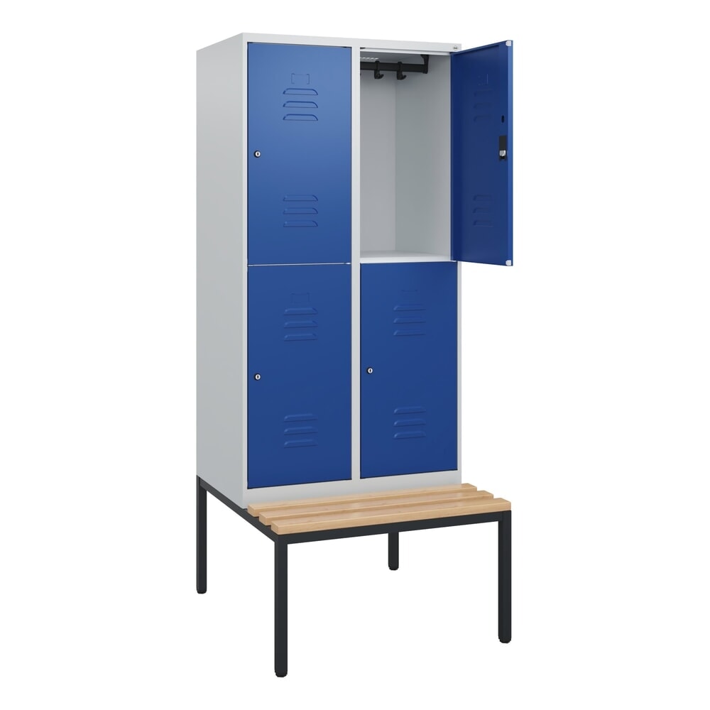 C+P Doppelstock-Spind Classic PLUS, 2 Abteile, HxBxT 1.950 x 800 x 815 mm, Zylinderschloss, untergebaute Bank aus Buche, lichtgrau, enzianblau