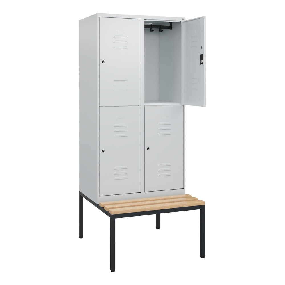 C+P Doppelstock-Spind Classic PLUS, 2 Abteile, HxBxT 1.950 x 800 x 815 mm, Zylinderschloss, untergebaute Bank aus Buche, lichtgrau, lichtgrau