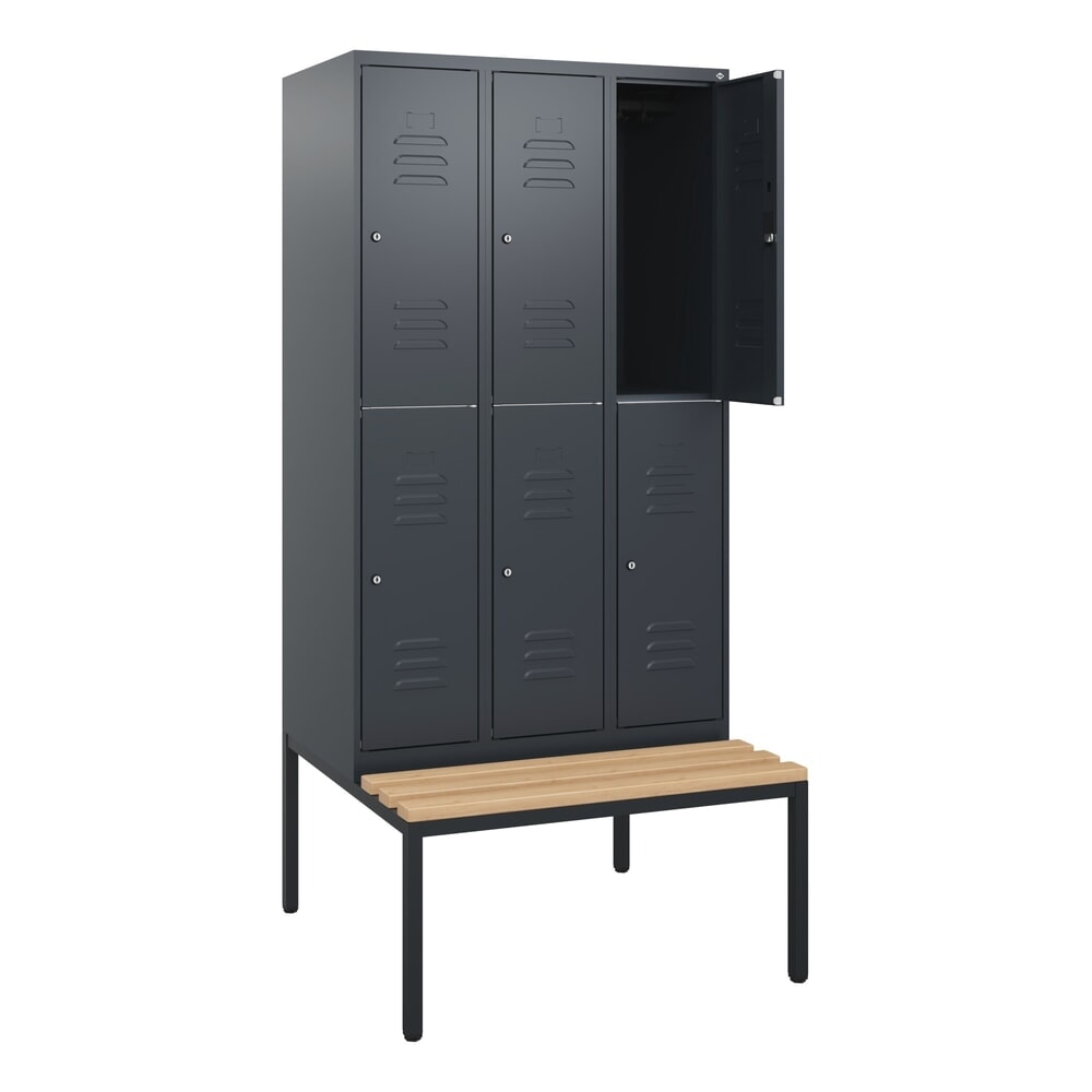 C+P Doppelstock-Spind Classic PLUS, 3 Abteile, HxBxT 1.950 x 900 x 815 mm, Zylinderschloss, untergebaute Bank aus Buche, anthrazitgrau, anthrazitgrau