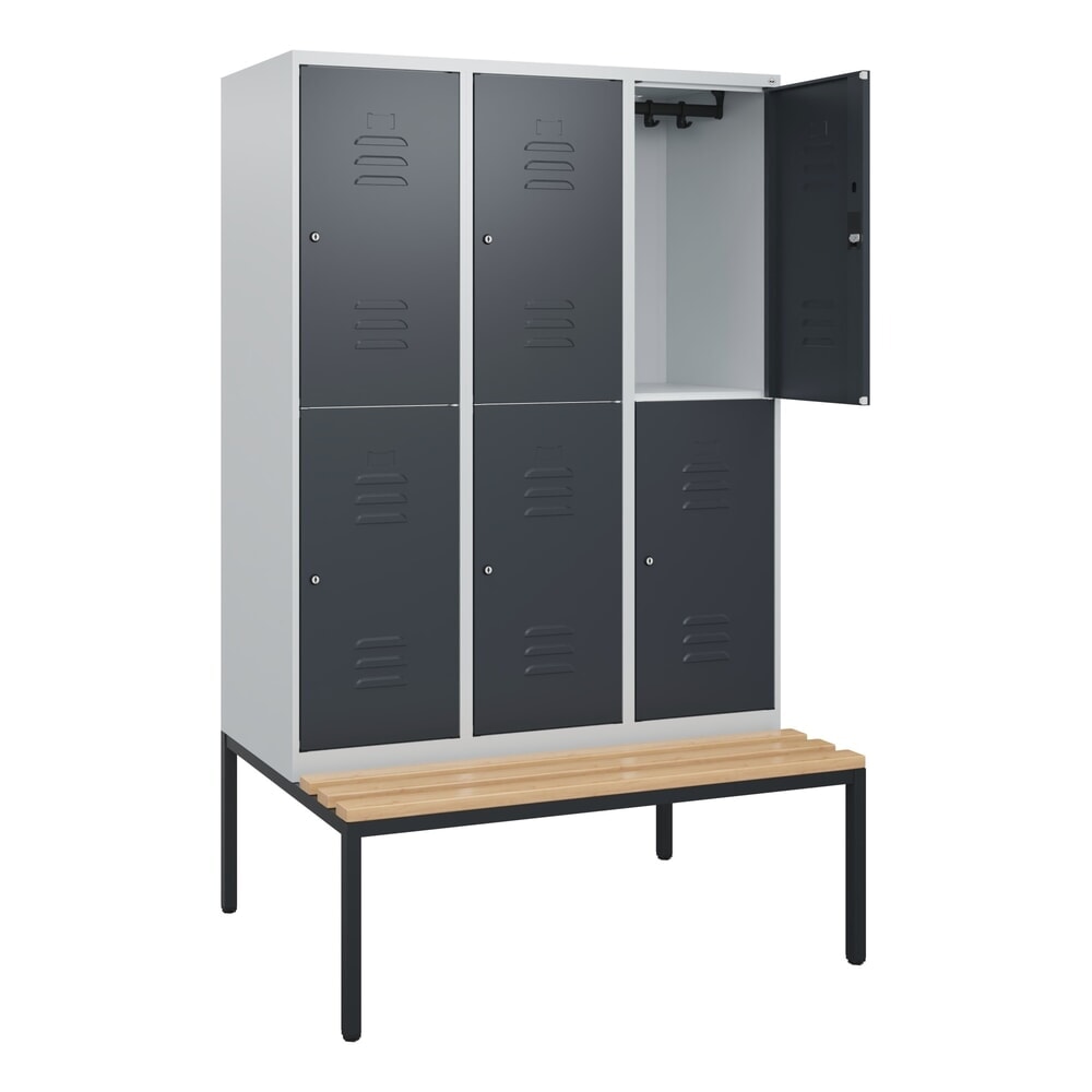 C+P Doppelstock-Spind Classic PLUS, 3 Abteile, HxBxT 1.950 x 1.200 x 815 mm, Zylinderschloss, untergebaute Bank aus Buche, lichtgrau, anthrazitgrau