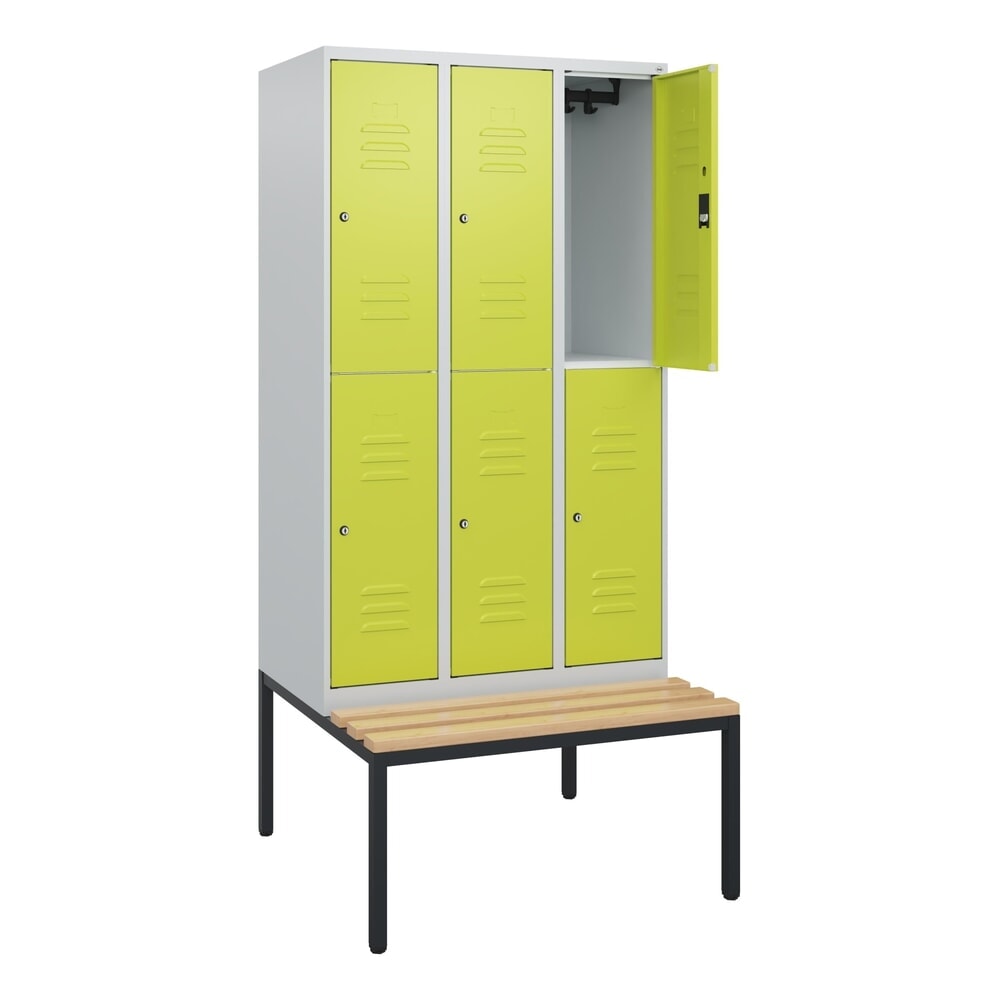 C+P Doppelstock-Spind Classic PLUS, 3 Abteile, HxBxT 1.950 x 900 x 815 mm, Zylinderschloss, untergebaute Bank aus Buche, lichtgrau, clowngrün