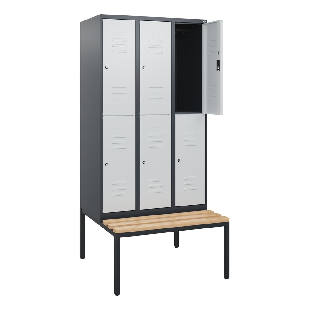 C+P Doppelstock-Spind Classic PLUS, 3 Abteile, HxBxT 1.950 x 900 x 815 mm, Zylinderschloss, untergebaute Bank aus Buche, anthrazitgrau, lichtgrau