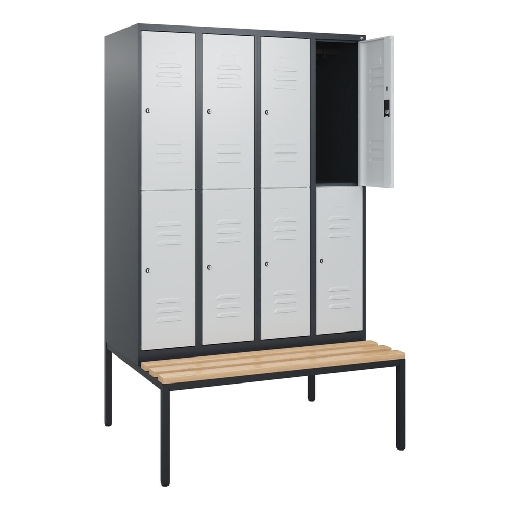 C+P Doppelstock-Spind Classic PLUS, 4 Abteile, HxBxT 1.950 x 1.200 x 815 mm, Zylinderschloss, untergebaute Bank aus Buche, anthrazitgrau, lichtgrau