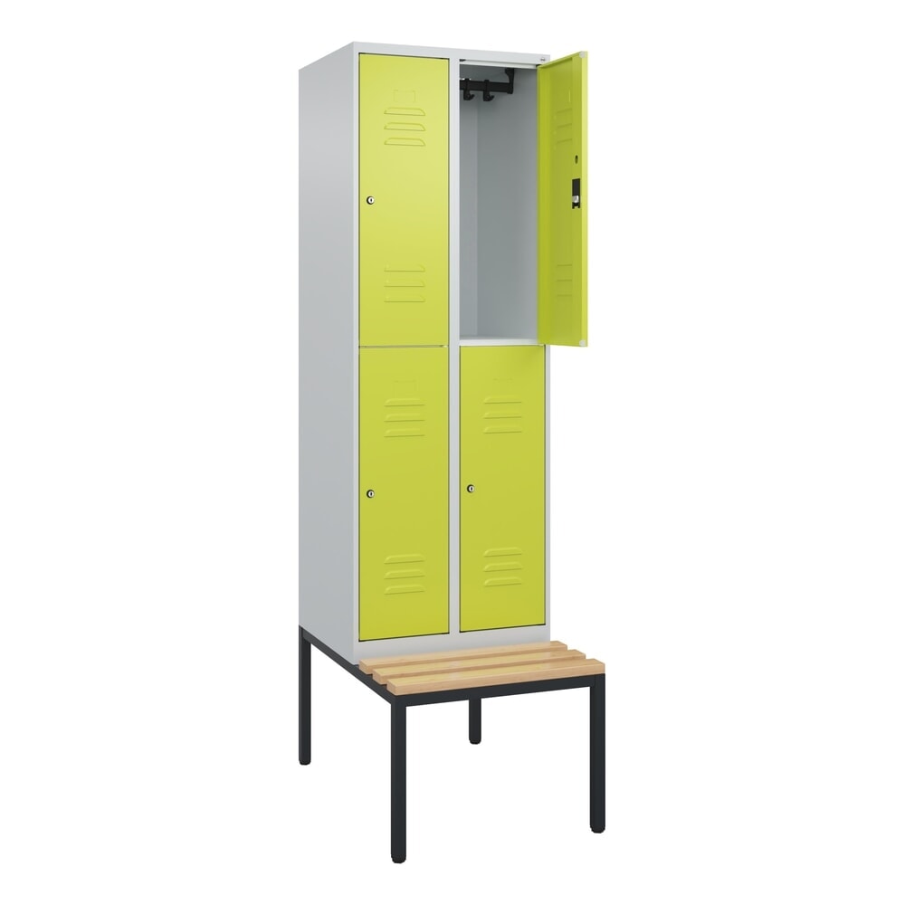 C+P Doppelstock-Spind Classic PLUS, 2 Abteile, HxBxT 2.120 x 600 x 815 mm, Zylinderschloss, untergebaute Bank aus Buche, lichtgrau, clowngrün