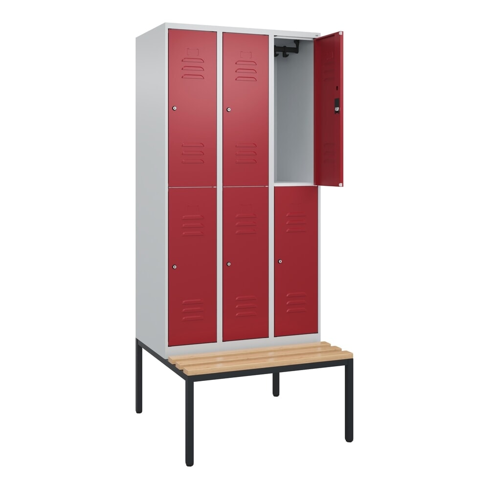 C+P Doppelstock-Spind Classic PLUS, 3 Abteile, HxBxT 2.120 x 900 x 815 mm, Zylinderschloss, untergebaute Bank aus Buche, lichtgrau, rubinrot