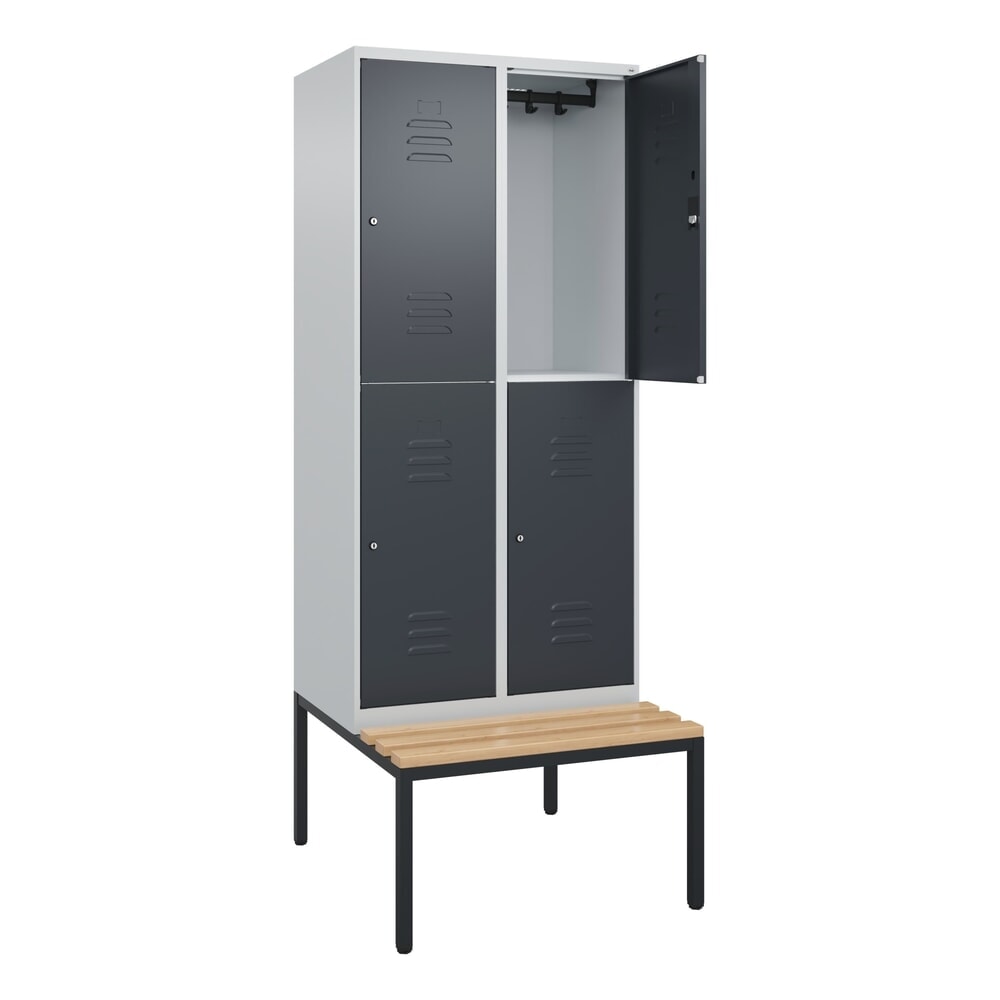 C+P Doppelstock-Spind Classic PLUS, 2 Abteile, HxBxT 2.120 x 800 x 815 mm, Zylinderschloss, untergebaute Bank aus Buche, lichtgrau, anthrazitgrau
