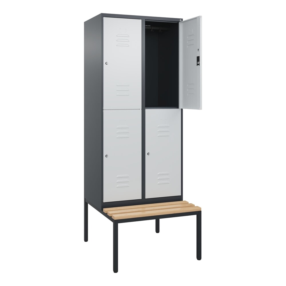 C+P Doppelstock-Spind Classic PLUS, 2 Abteile, HxBxT 2.120 x 800 x 815 mm, Zylinderschloss, untergebaute Bank aus Buche, anthrazitgrau, lichtgrau