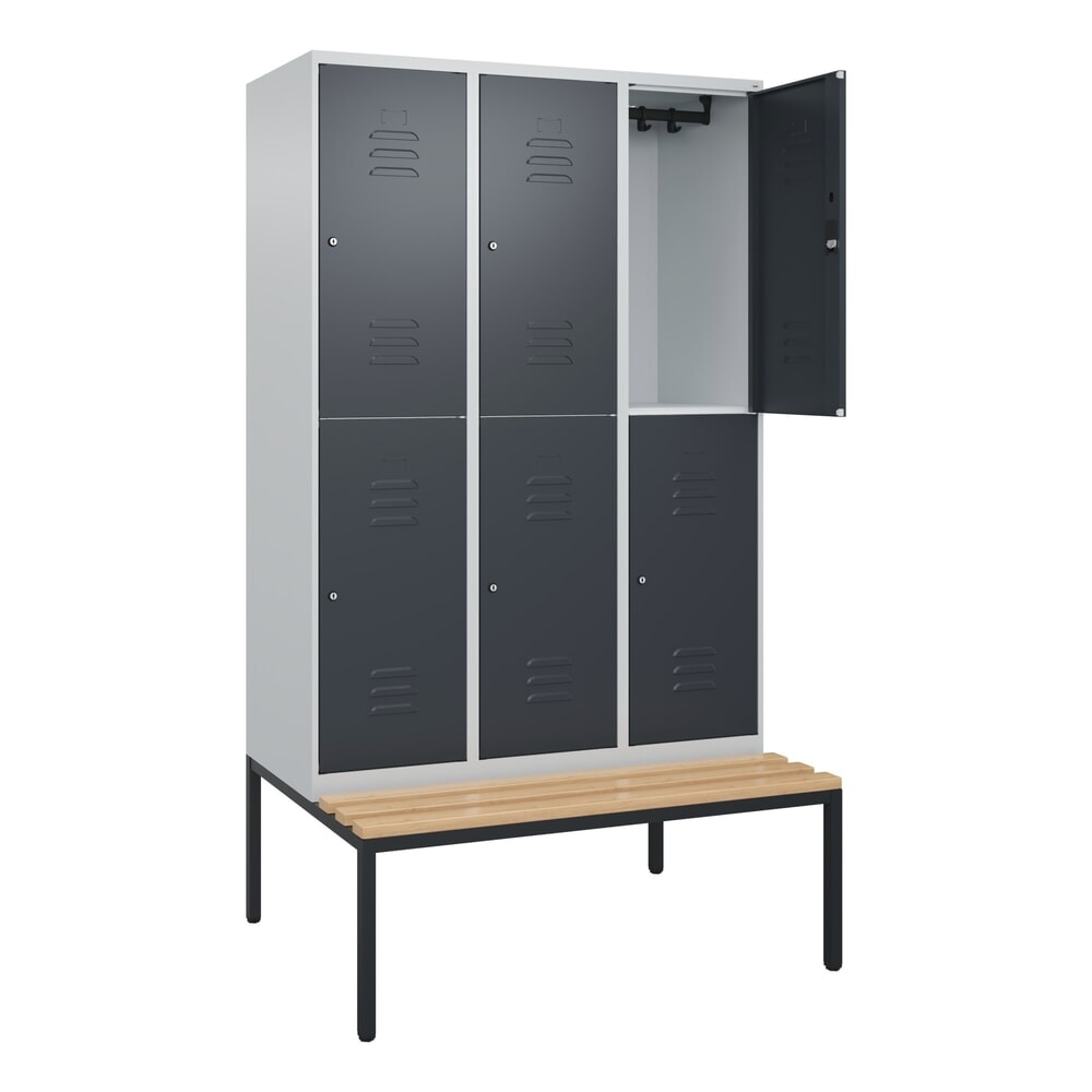 C+P Doppelstock-Spind Classic PLUS, 3 Abteile, HxBxT 2.120 x 1.200 x 815 mm, Zylinderschloss, untergebaute Bank aus Buche, lichtgrau, anthrazitgrau