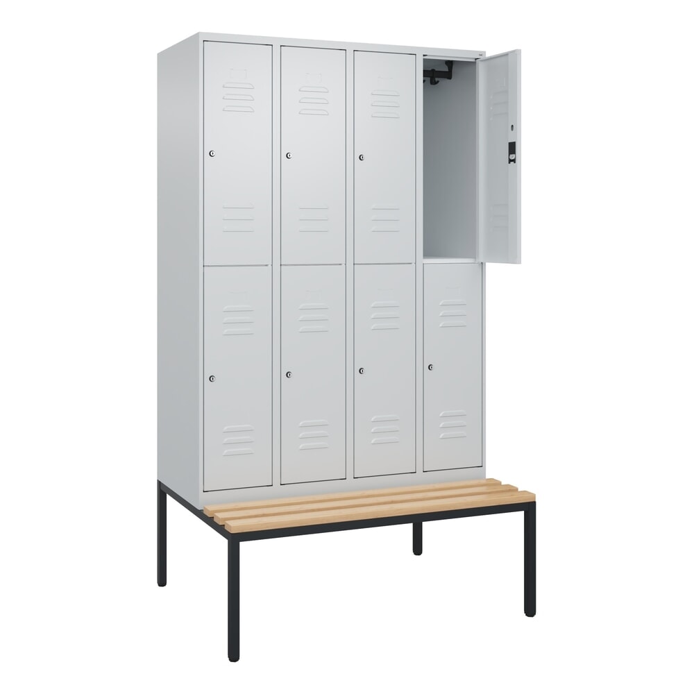 C+P Doppelstock-Spind Classic PLUS, 4 Abteile, HxBxT 2.120 x 1.200 x 815 mm, Zylinderschloss, untergebaute Bank aus Buche, lichtgrau, lichtgrau