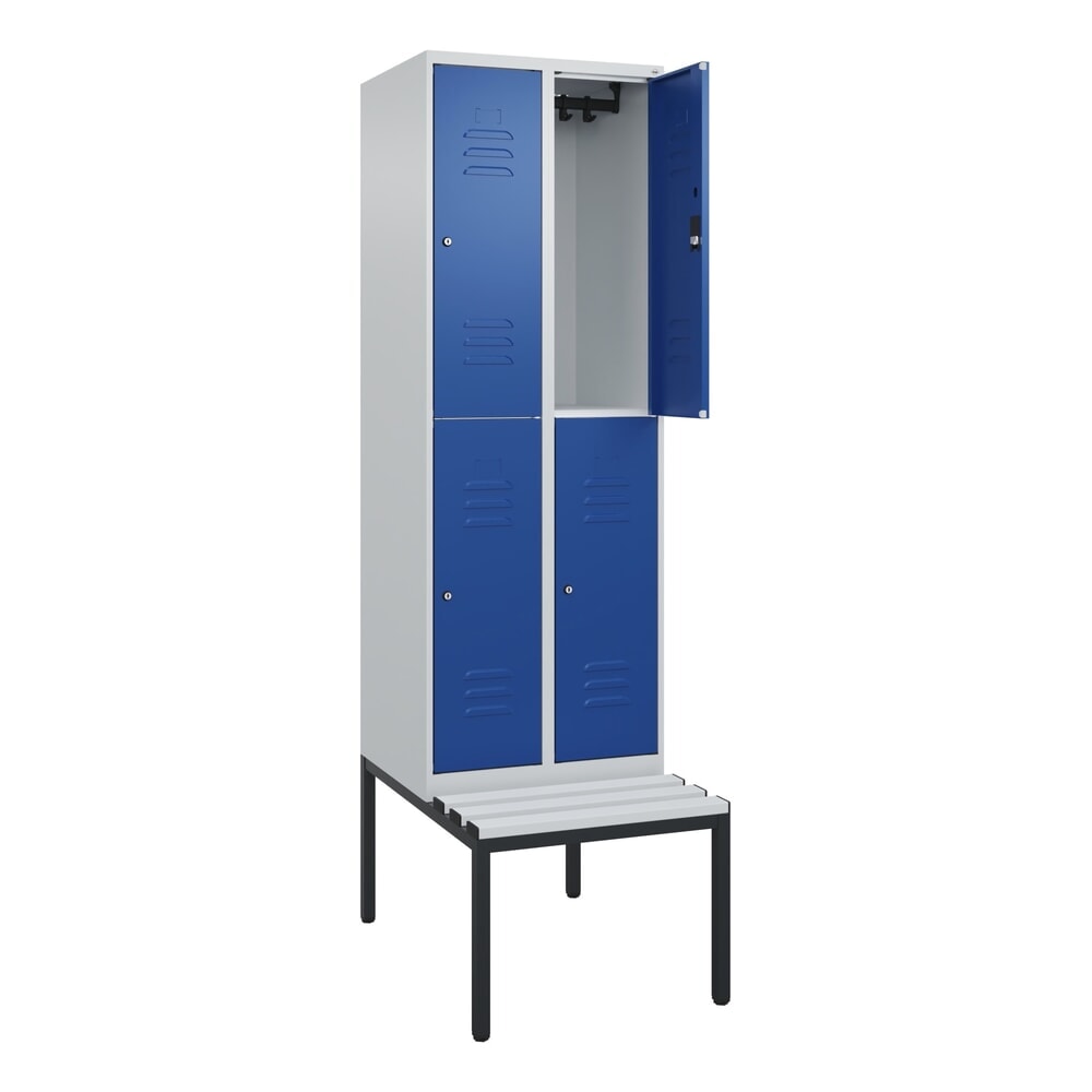C+P Doppelstock-Spind Classic PLUS, 2 Abteile, HxBxT 2.120 x 600 x 815 mm, Zylinderschloss, untergebaute Bank aus Kunststoff, lichtgrau, enzianblau