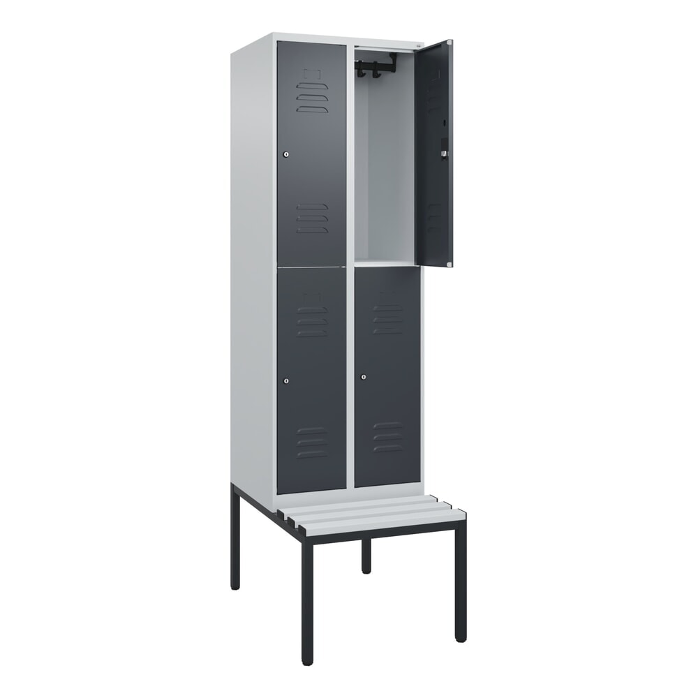 C+P Doppelstock-Spind Classic PLUS, 2 Abteile, HxBxT 2.120 x 600 x 815 mm, Zylinderschloss, untergebaute Bank aus Kunststoff, lichtgrau, anthrazitgrau