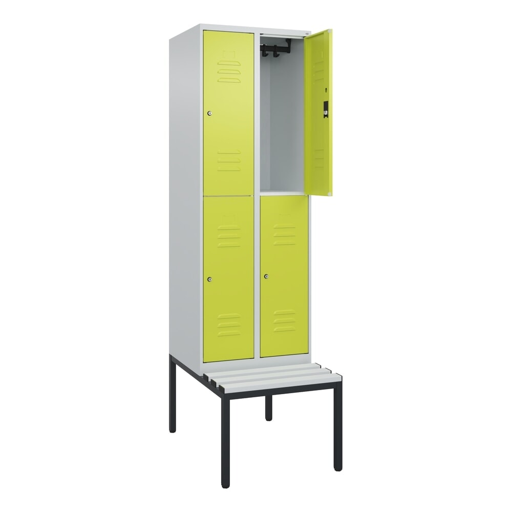 C+P Doppelstock-Spind Classic PLUS, 2 Abteile, HxBxT 2.120 x 600 x 815 mm, Zylinderschloss, untergebaute Bank aus Kunststoff, lichtgrau, clowngrün