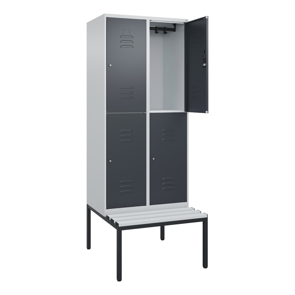 C+P Doppelstock-Spind Classic PLUS, 2 Abteile, HxBxT 2.120 x 800 x 815 mm, Zylinderschloss, untergebaute Bank aus Kunststoff, lichtgrau, anthrazitgrau