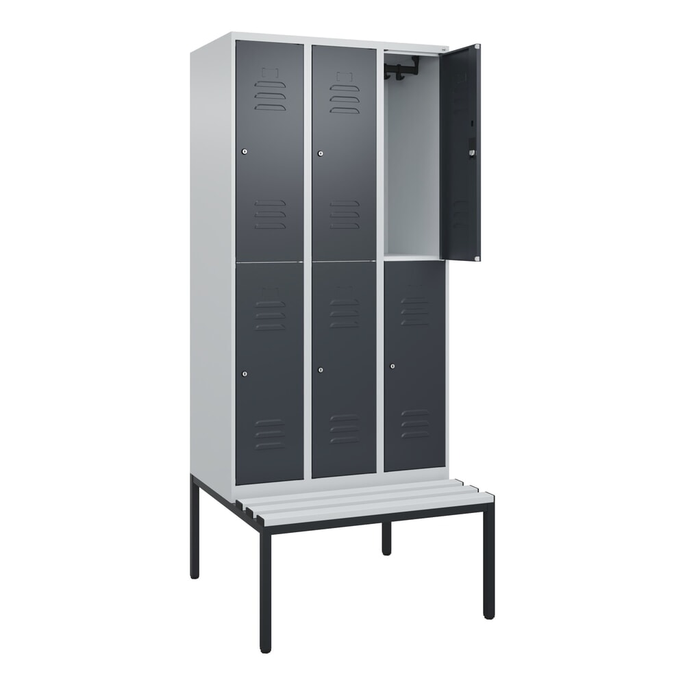 C+P Doppelstock-Spind Classic PLUS, 3 Abteile, HxBxT 2.120 x 900 x 815 mm, Zylinderschloss, untergebaute Bank aus Kunststoff, lichtgrau, anthrazitgrau