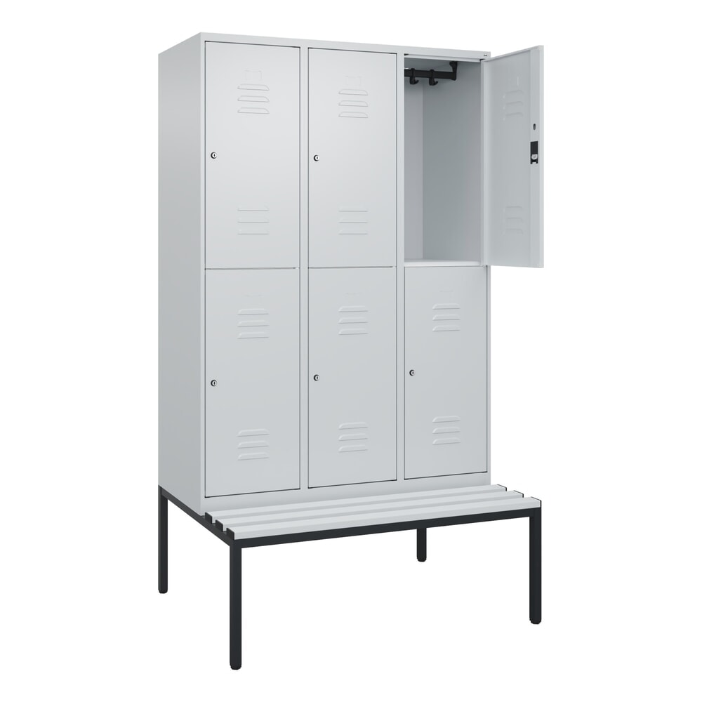 C+P Doppelstock-Spind Classic PLUS, 3 Abteile, HxBxT 2.120 x 1.200 x 815 mm, Zylinderschloss, untergebaute Bank aus Kunststoff, lichtgrau, lichtgrau